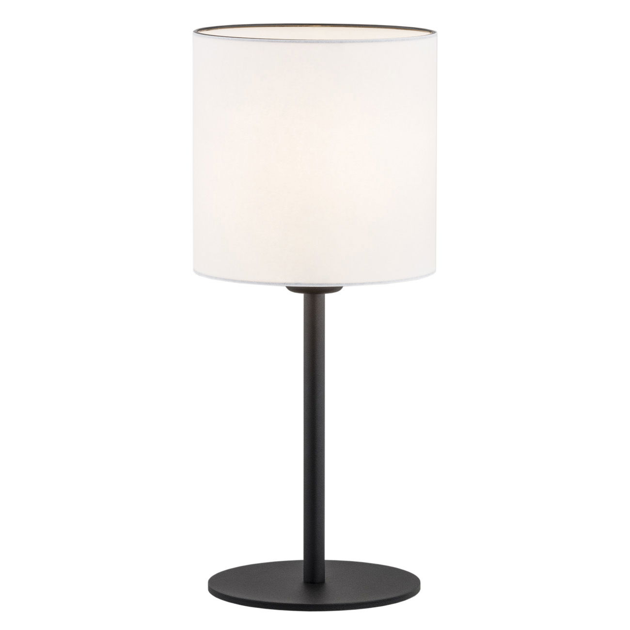 AL1M6N0K6 - Main Image - Laryi Table Lamp, Black Base Laryi table lamp with black cylindrical steel base and white fabric shade on wooden surface.