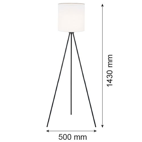 Laryi tripod floor lamp side view showing three black steel legs spread and white fabric shade.