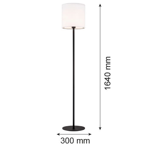 Laryi floor lamp side view showing tall black cylindrical base and white fabric shade profile.