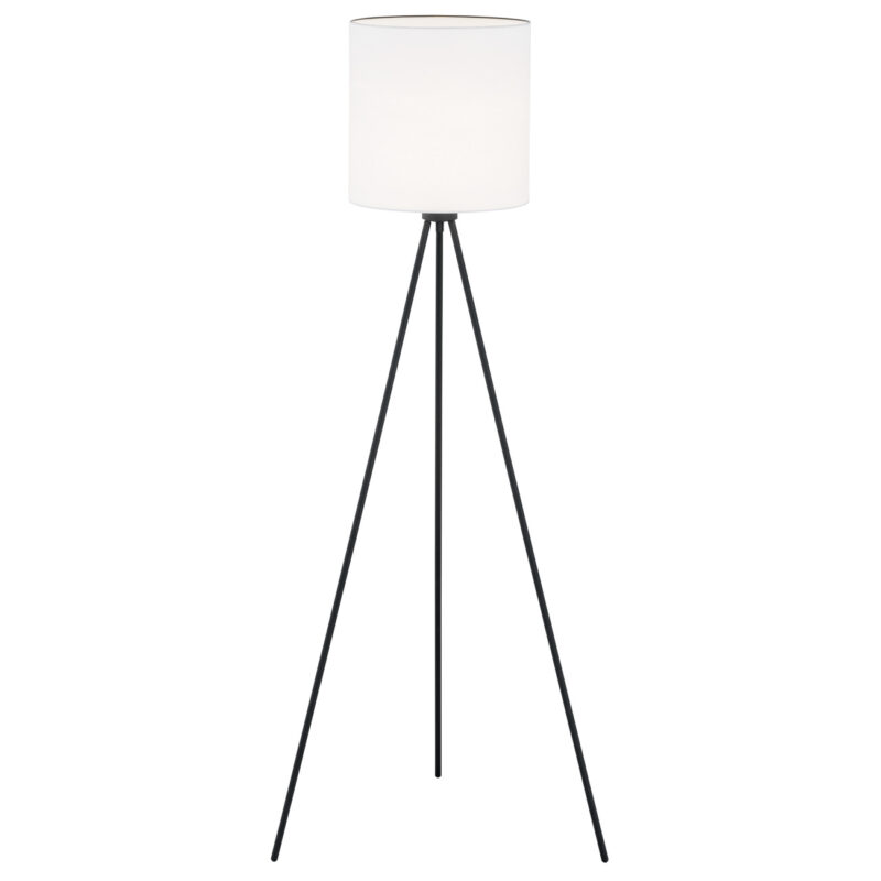 Laryi tripod floor lamp with three black steel legs and white fabric shade standing 143cm high.