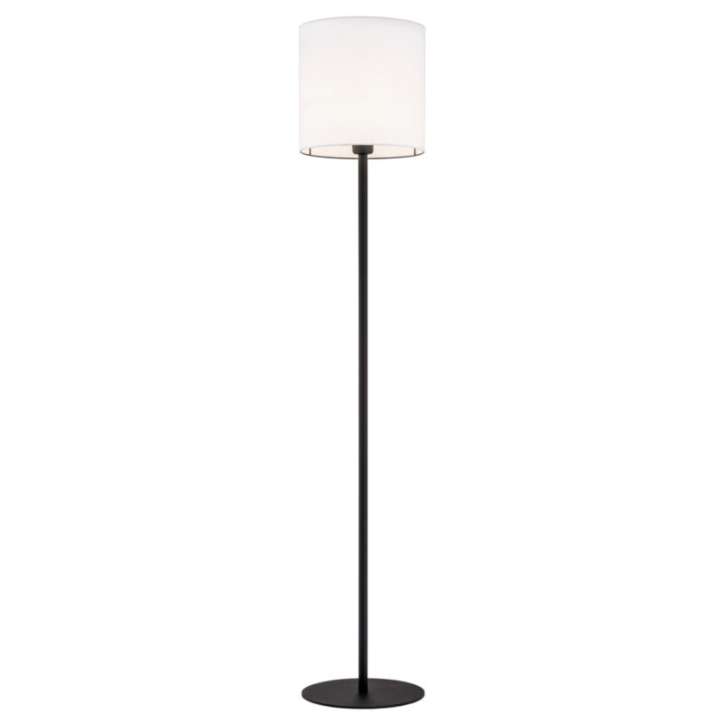 Laryi floor lamp with tall black steel base and white fabric shade standing 164cm high.