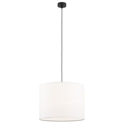 Laryi pendant lamp with white drum shade and black suspension mounted on white ceiling.