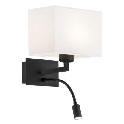 Laryi bedside wall lamp with black frame, white shade and adjustable LED reading light mounted on wall.
