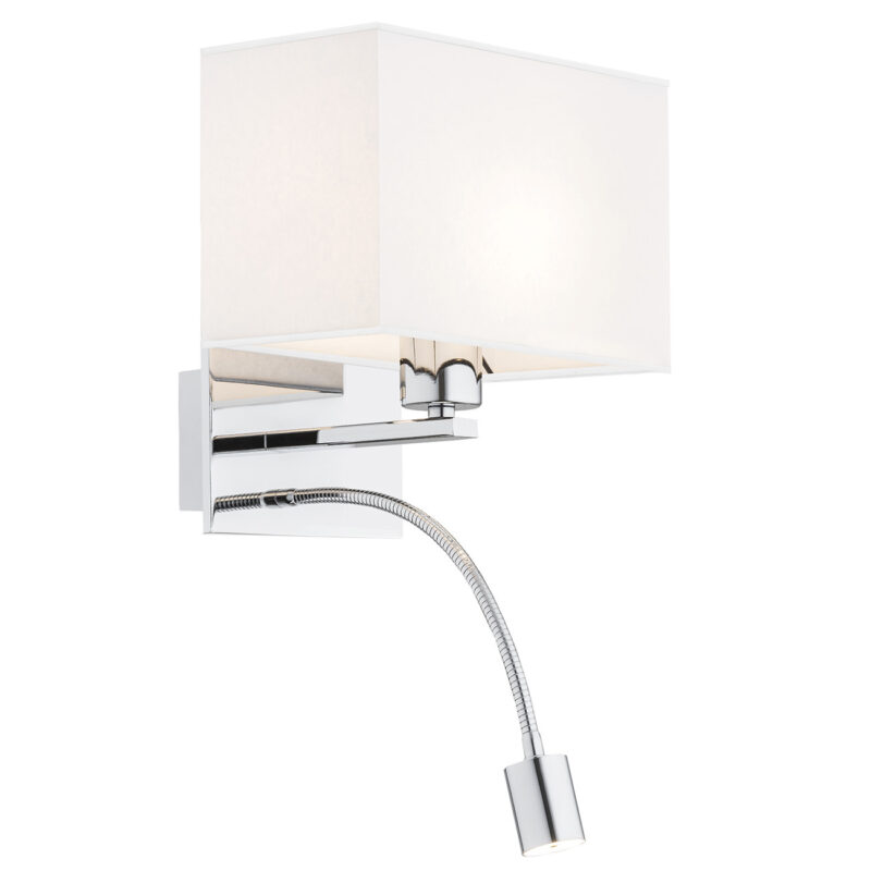 Laryi bedside wall light with white shade and adjustable LED reading light mounted on white wall.