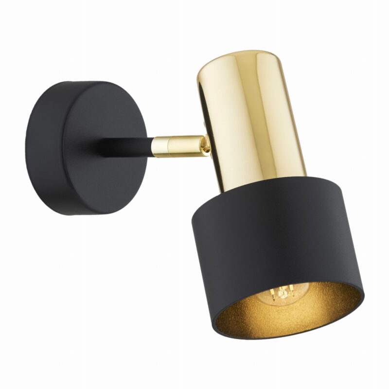 Oria black wall spotlight with brass arm and cylindrical adjustable shade.