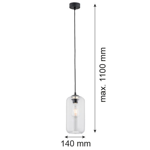 Limera pendant light dimension diagram showing 14cm width and 110cm maximum drop height with illuminated bulb in clear glass cylinder shade