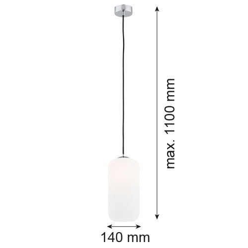 Limera pendant light side view showing cylinder opal glass shade profile and chrome mounting plate.
