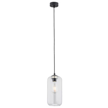 Limera cylinder pendant light with clear glass shade and black ceiling mount, featuring an illuminated vintage-style bulb on white background