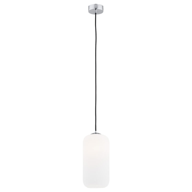 Limera pendant light with cylinder opal glass shade and chrome suspension hanging from ceiling.