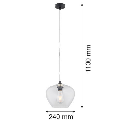 Limera medium pendant light side view showing clear glass mushroom shade and black ceiling mount.