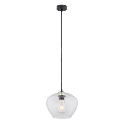 Limera medium pendant light with clear glass shade and black steel mount, 24cm wide.