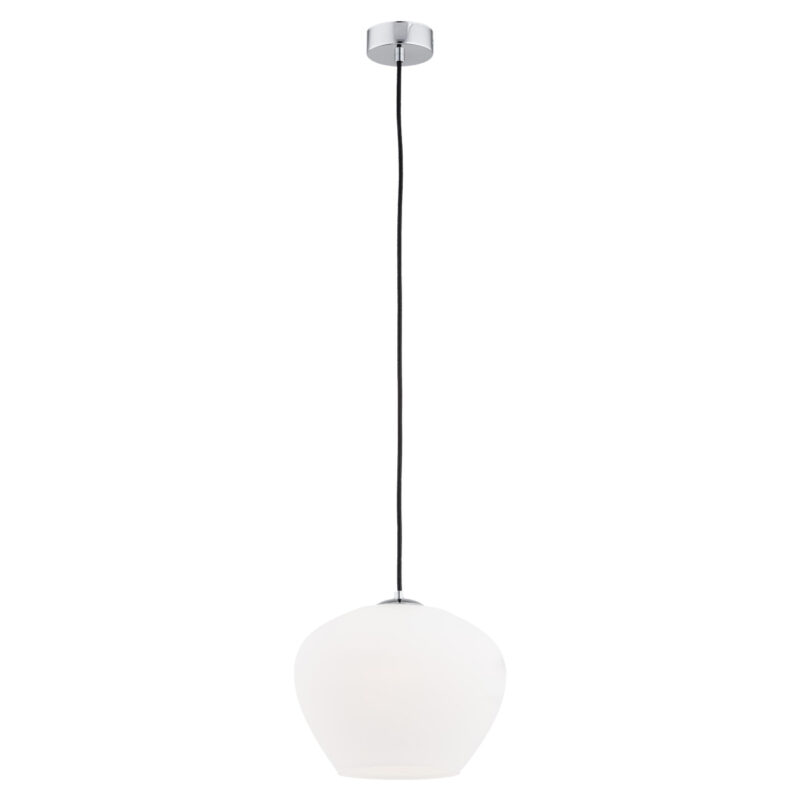 Limera medium pendant light with opal glass shade and chrome steel mount in mushroom shape.
