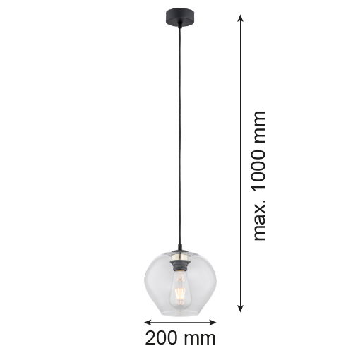 Limera small pendant light side view showing clear glass mushroom shade and black ceiling mount.