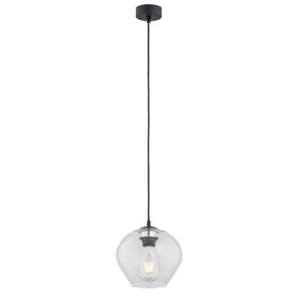 Limera small pendant light with clear glass shade and black steel mount in mushroom shape.