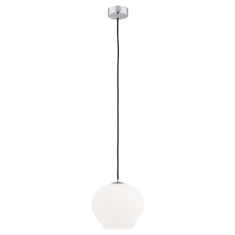 Limera small pendant light with rounded opal glass shade and chrome suspension hanging from ceiling.