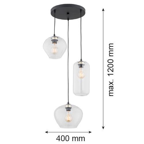 Limera multi drop pendant lamp side view showing three different-sized clear glass shades at varying heights.