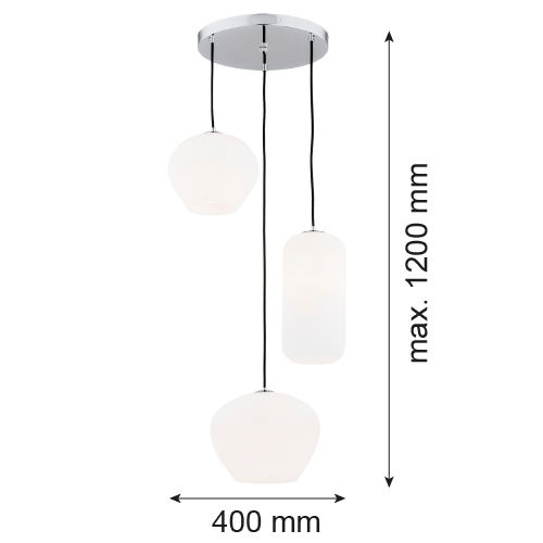 Limera multi drop pendant light side view showing three different-sized opal glass shades at varying heights.