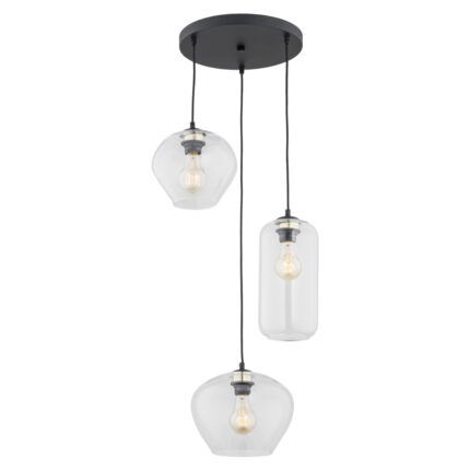 Limera multi drop pendant lamp with three clear glass shades at staggered heights on black ceiling mount.