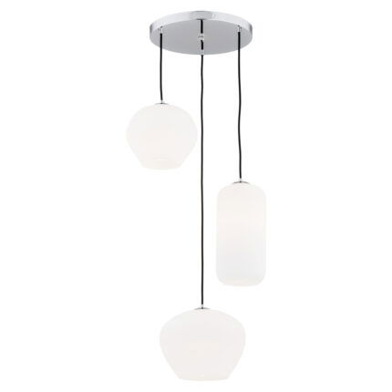 Limera multi drop pendant light with three opal glass shades at staggered heights on chrome ceiling mount.