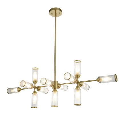 Full view of the Mauris Linear Pendant Lamp with ribbed glass, brass finish, 118cm long, switched on against a white background.