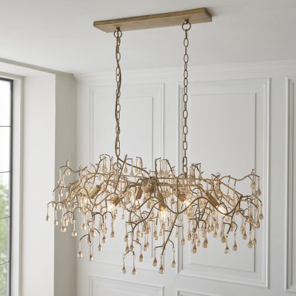 Full right side view of the Remi Linear Pendant Lamp with gold finish and glass teardrop accents, 60cm.