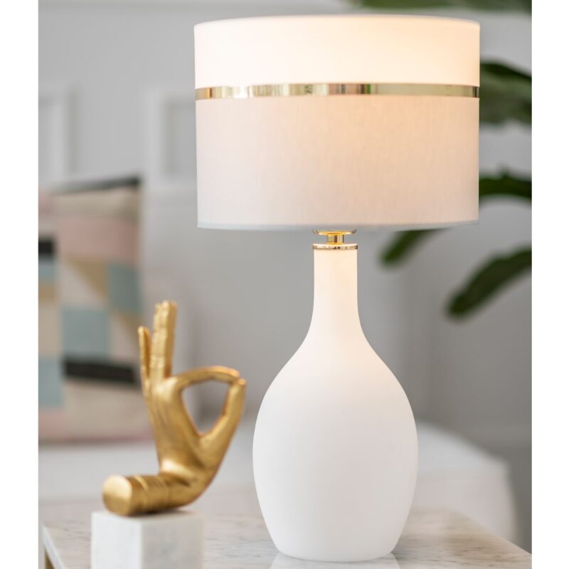 eja white glass table lamp, white & brass lampshade, glass, 30cm width