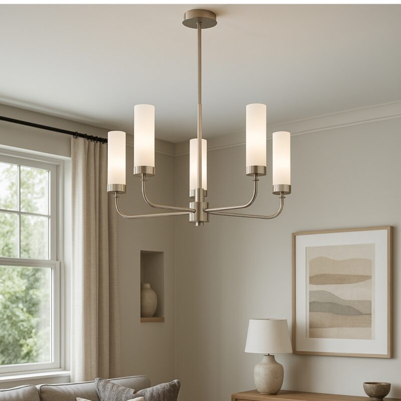 brezton 5 lamp chandelier, brushed nickel, milk glass, steel, 50cm wide