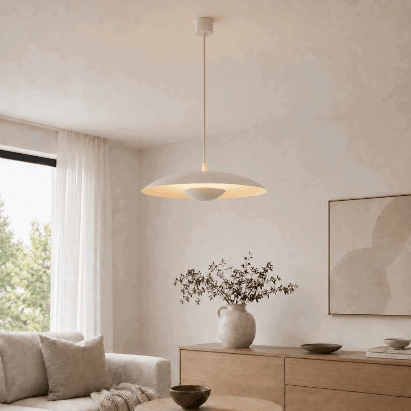 bolan cream white led pendant light, 12.5w, 3000k, steel, 42cm diameter