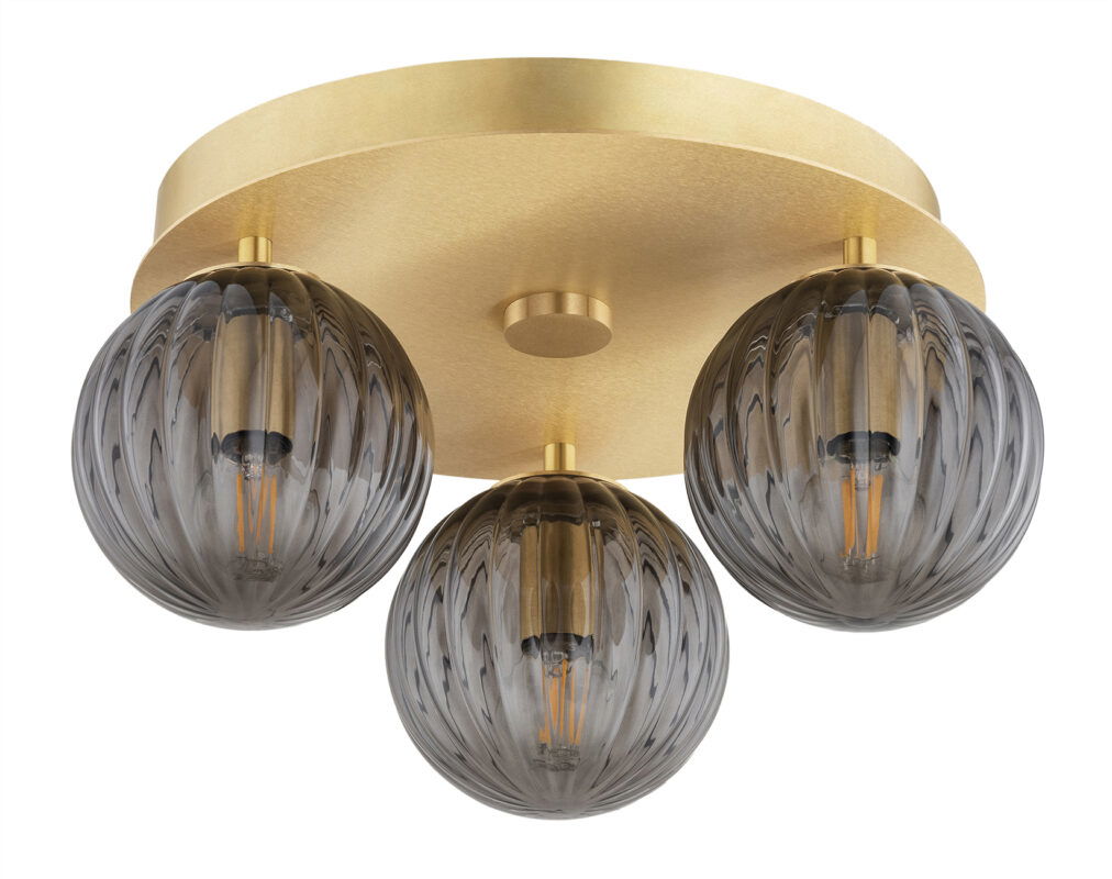 Unlit brass ceiling lamp with three smoked glass shades measuring 34 centimeters in diameter.