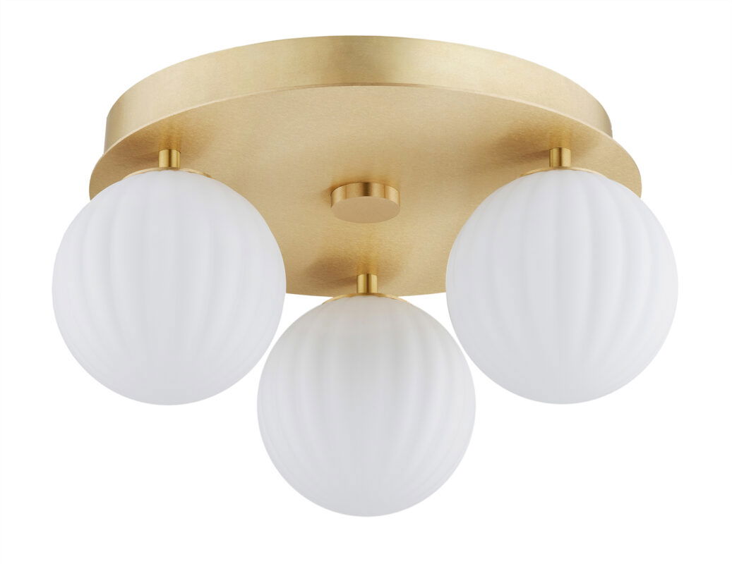 Round ceiling light with three opal glass spheres mounted on brass attached to a circular brass base.