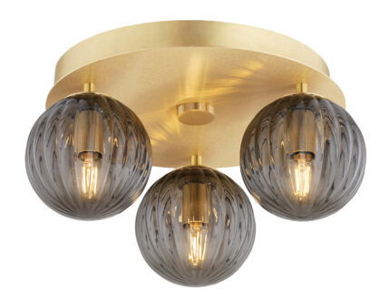 Illuminated brass ceiling lamp with three lit smoked glass shades measuring 34 centimeters in diameter.
