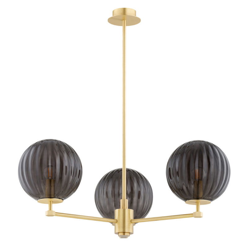 Loma 3 Light Chandelier with three dark smoked glass shades, brass frame and ceiling mount on white background.