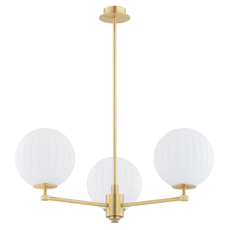 Loma 3 Light Chandelier Brass Matt Opal Glass 66cm with three matt opal shades, brass frame and ceiling mount on white background.