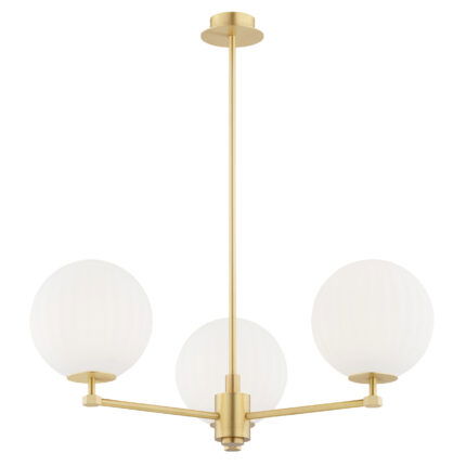 Loma 3 Light Chandelier Brass Matt Opal Glass 66cm with three lit bulbs glowing through matt opal shades and brass frame.