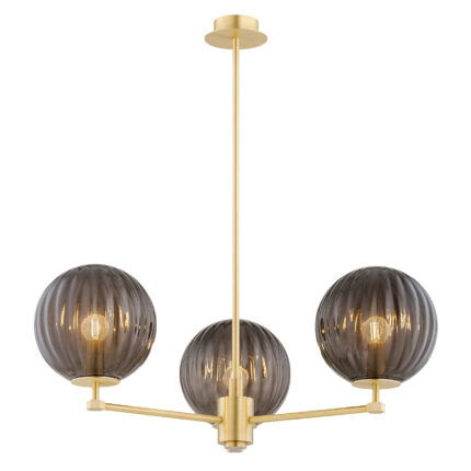 Loma 3 Light Chandelier with three lit bulbs glowing through smoked glass shades, brass frame and ceiling mount.