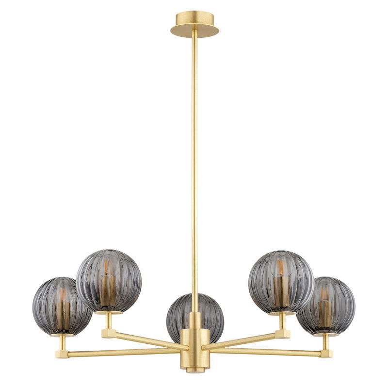Complete view of the Loma brass chandelier with five smoked glass shades in unlit state showing full structure.