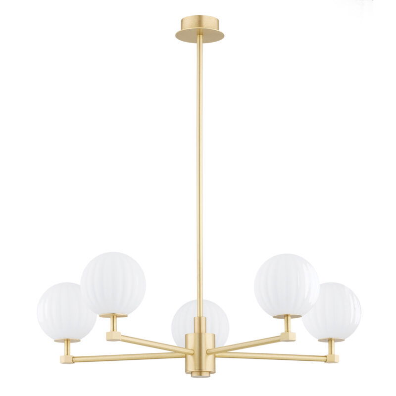 Complete view of the Loma brass chandelier with five matt opal glass shades in unlit state showing full structure.