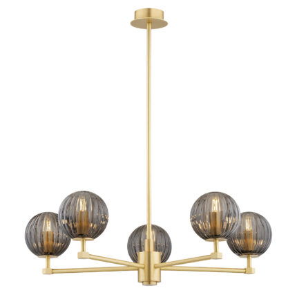 Loma brass chandelier with five illuminated smoked glass shades emitting warm white light through glass shades.