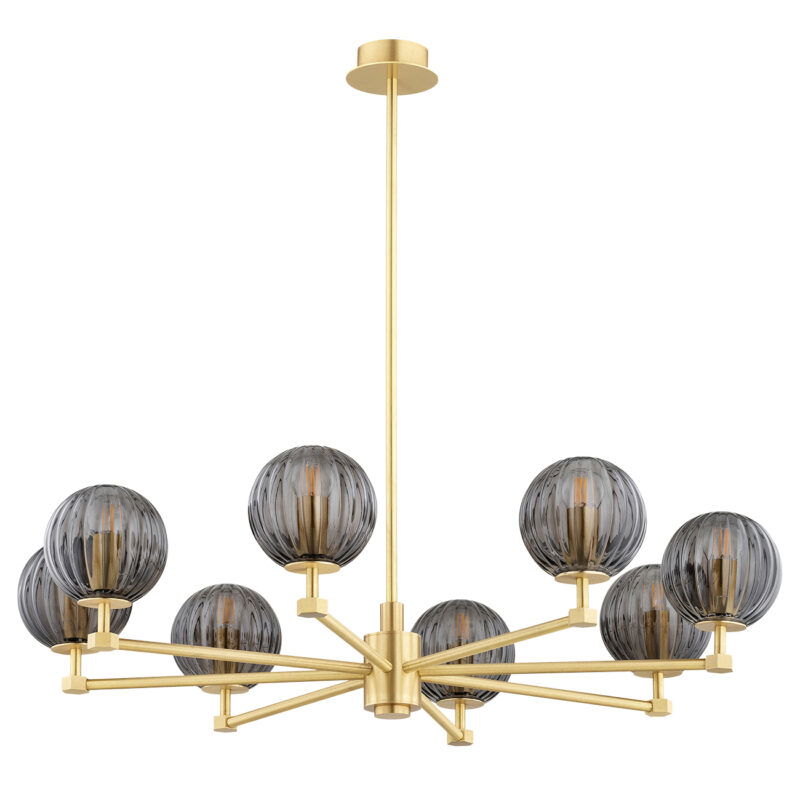 View from below of Loma chandelier showing 8 smoked glass globes radiating outward from central brass hub.
