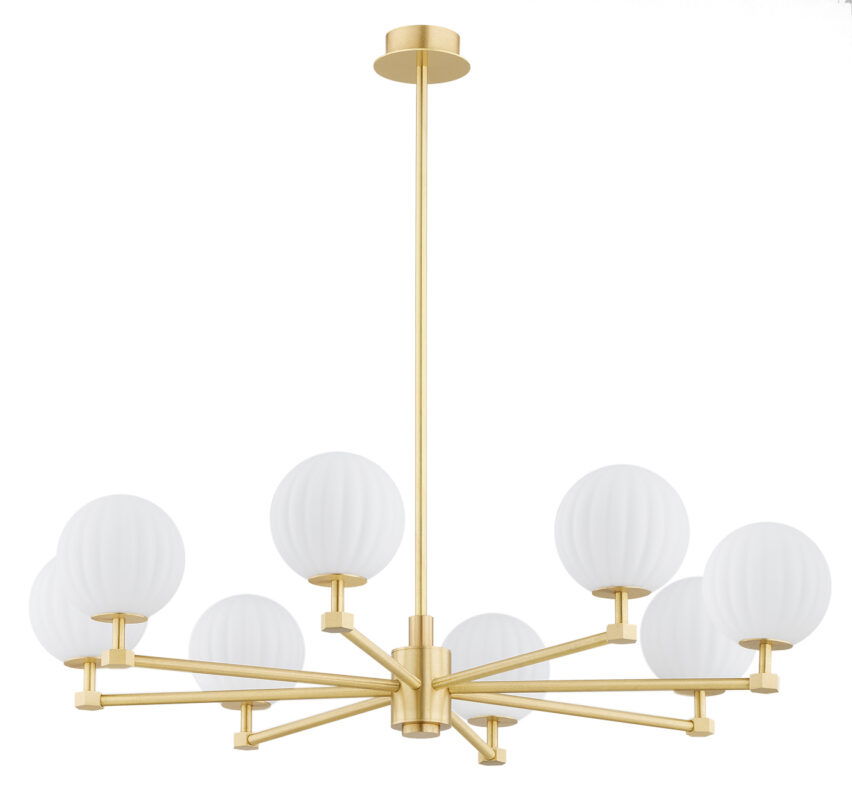 Complete view of the Loma brass chandelier with eight matt opal glass shades in unlit state.