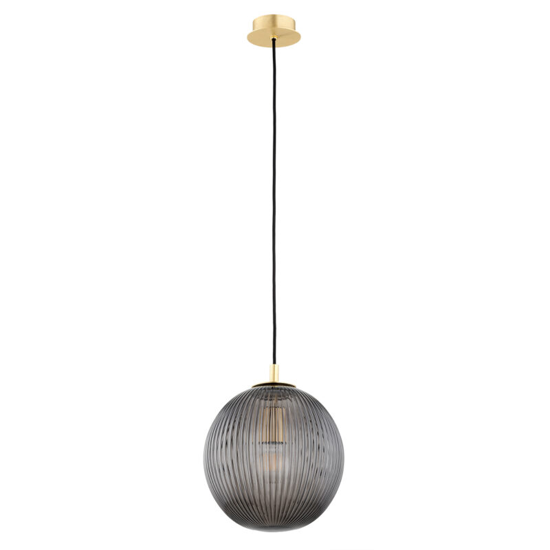 Smoked ribbed glass pendant lamp with brass hardware and 25cm shade length on white background.