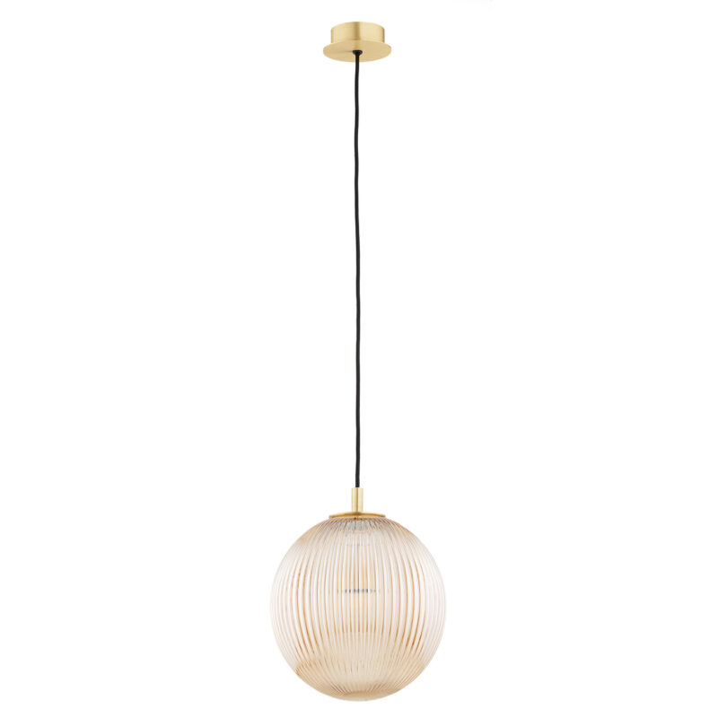 Honey-colored Lister glass pendant lamp with brass hardware and 25cm shade length on white background.