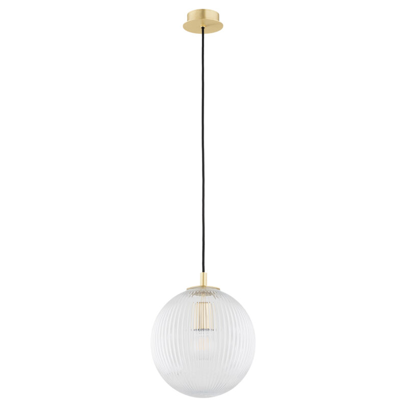 Clear ribbed glass pendant lamp with brass hardware and 25cm shade length on white background.