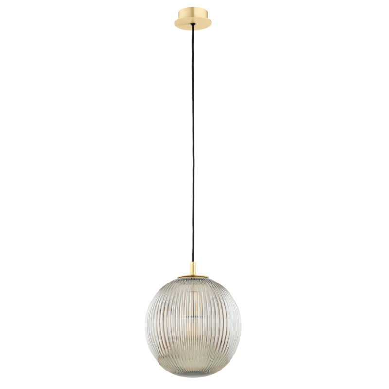 Loma Single Pendant Lamp with grey lister glass shade and brass frame, measuring 25cm, shown unlit.