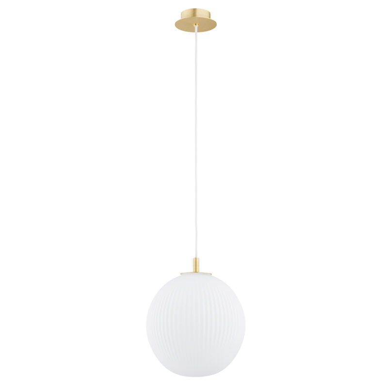 25cm white opal glass sphere pendant lamp with brass fitting and cord, unlit.