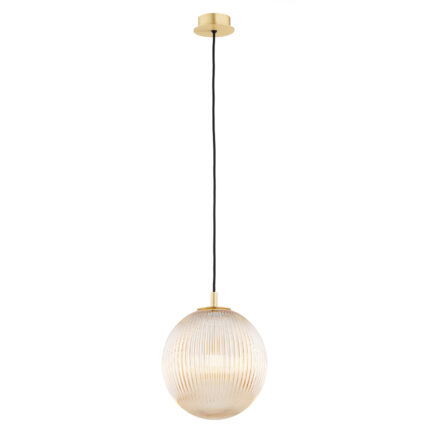 Illuminated pendant lamp with glowing light bulb showing amber glow through honey coloured lister glass shade.