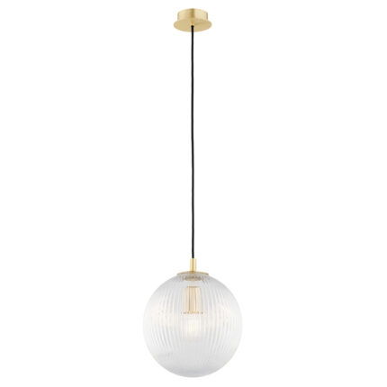 Illuminated pendant lamp with glowing light bulb showing brightness through clear ribbed glass shade and brass.