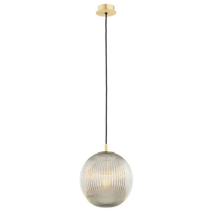 Loma Single Pendant Lamp with lit grey lister glass shade on brass frame, displaying warm light through ribbed glass.
