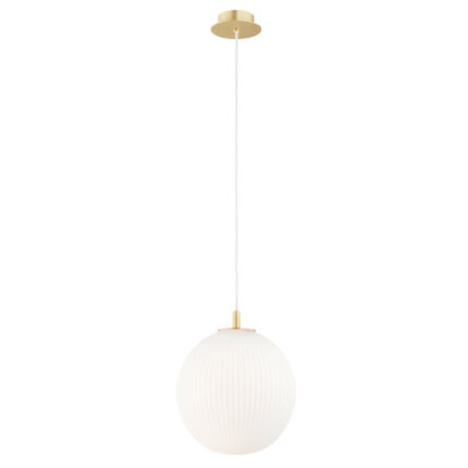 25cm white opal glass sphere pendant lamp with brass fitting and cord, lit.