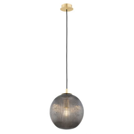 Illuminated pendant lamp with glowing light bulb showing light diffusion through smoked ribbed glass shade and brass.